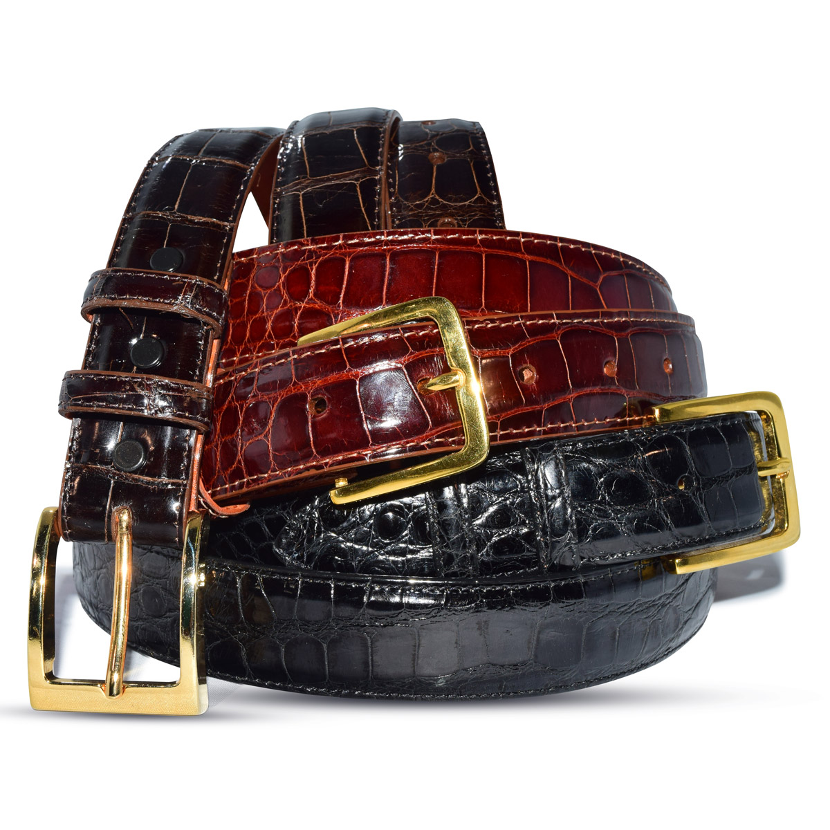 Mens Alligator Belt Glazed 1.25” Dress Belt in Black Brown and Cognac